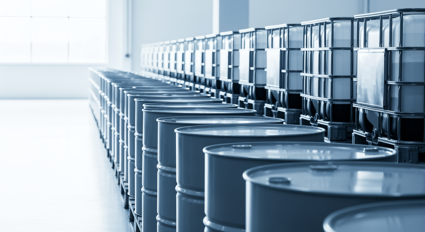 Sanayi tesisinde sıralanmış kimyasal variller ve IBC tankları